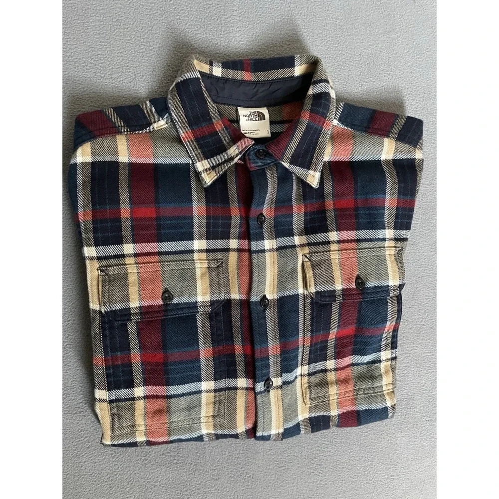 The North Face Button Down Flannel Shirt Men's S/p Blue/red/tan Plaid 2 Pockets